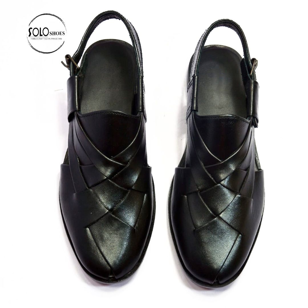 Cross Leather Chappal in Black-00088