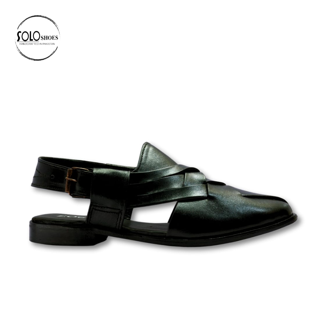 Cross Leather Chappal in Black-00088